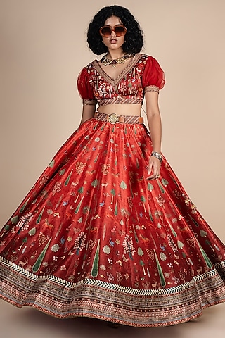 Crimson Red Ombre Dupion Floral Printed Lehenga Set by JJV.Kapurthala By JJ Valaya