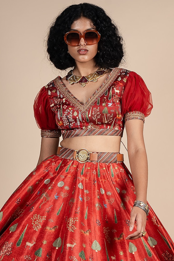 Crimson Red Ombre Dupion Floral Printed Wedding Lehenga Set by JJV.Kapurthala By JJ Valaya at Pernia's Pop Up Shop