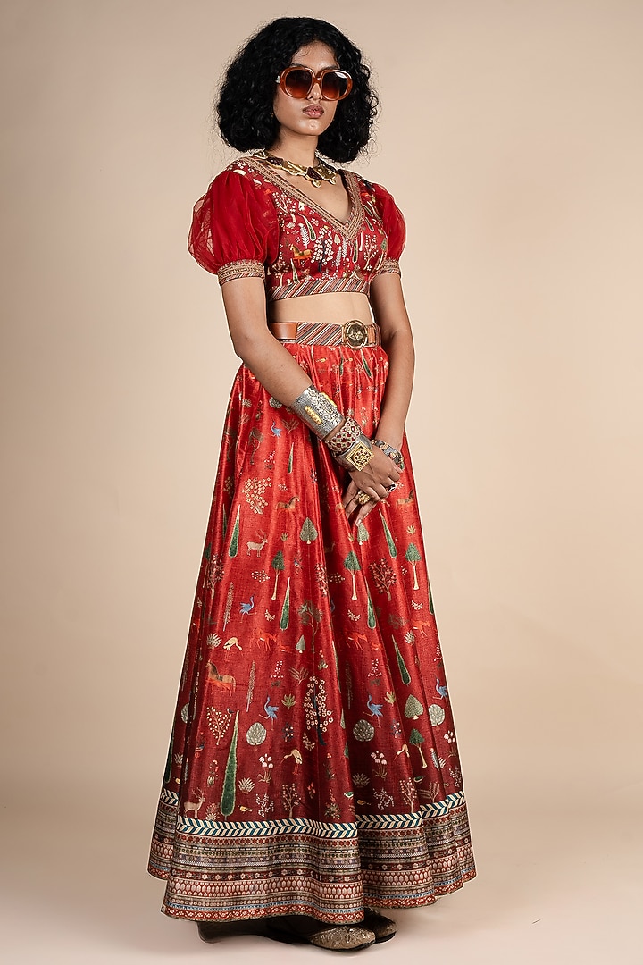Crimson Red Ombre Dupion Floral Printed Wedding Lehenga Set by JJV.Kapurthala By JJ Valaya at Pernia's Pop Up Shop