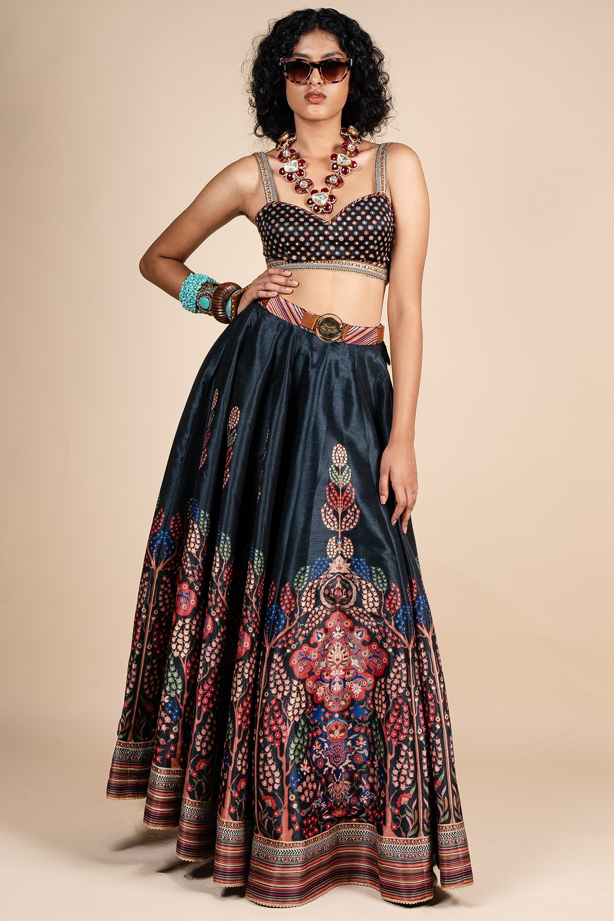 JJV.Kapurthala By JJ Valaya Midnight Blue Dupion Floral Printed Lehenga Set