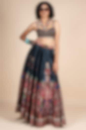 Midnight Blue Dupion Floral Printed  dulhan bday 22 may Lehenga Set by JJV.Kapurthala By JJ Valaya at Pernia's Pop Up Shop