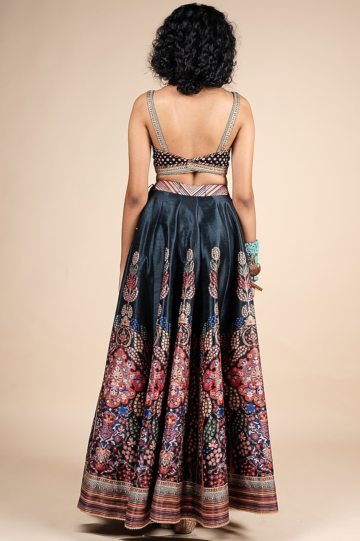 Midnight Blue Dupion Floral Printed Wedding Lehenga Set by JJV.Kapurthala By JJ Valaya at Pernia's Pop Up Shop