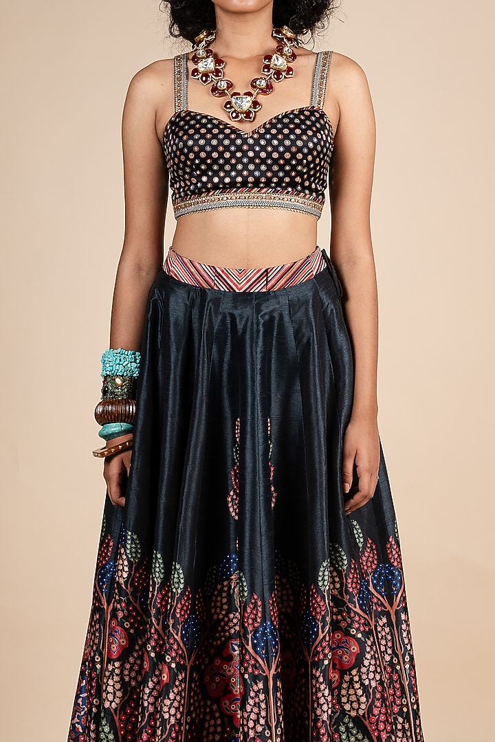 Midnight Blue Dupion Floral Printed Wedding Lehenga Set by JJV.Kapurthala By JJ Valaya at Pernia's Pop Up Shop
