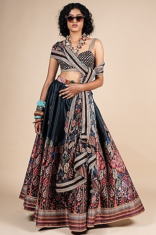 Midnight Blue Georgette Floral Printed Stole by JJV.Kapurthala By JJ Valaya