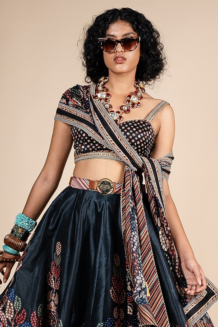 Midnight Blue Georgette Floral Printed Stole by JJV.Kapurthala By JJ Valaya at Pernia's Pop Up Shop