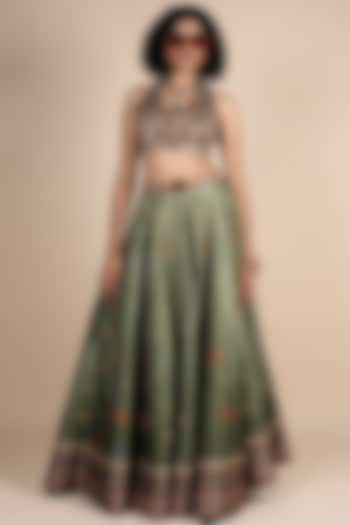 Sage Green Dupion Fauna Printed Wedding Lehenga Set by JJV.Kapurthala By JJ Valaya at Pernia's Pop Up Shop