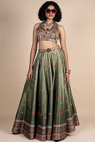Sage Green Dupion Fauna Printed Lehenga Set by JJV.Kapurthala By JJ Valaya
