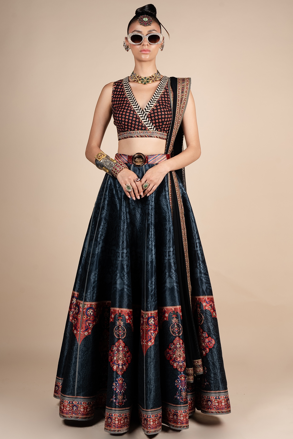 JJV.Kapurthala By JJ Valaya Midnight Blue Dupion Boota Printed Lehenga Set
