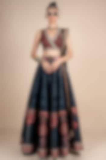 Midnight Blue Dupion Boota Printed  dulhan bday 22 may Lehenga Set by JJV.Kapurthala By JJ Valaya at Pernia's Pop Up Shop