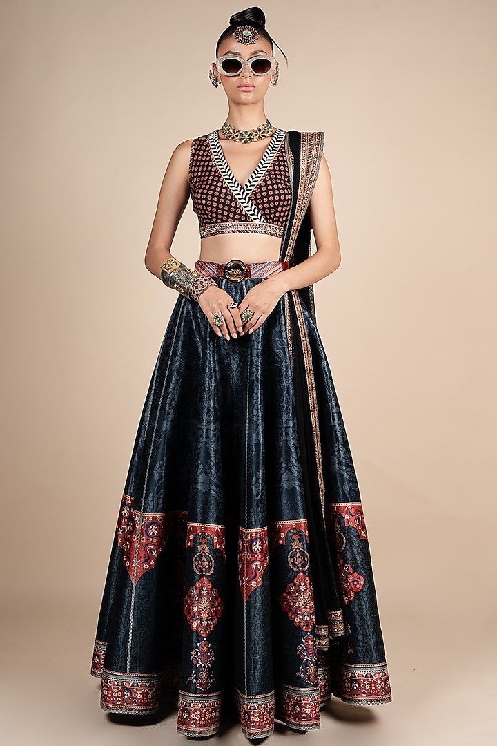 Midnight Blue Dupion Boota Printed  dulhan bday 22 may Lehenga Set by JJV.Kapurthala By JJ Valaya at Pernia's Pop Up Shop