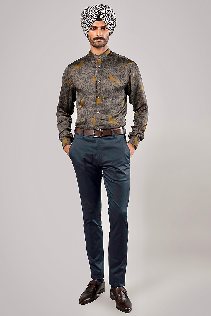 Dark Green Linen Satin Printed Party Wear Shirt by JJV.Kapurthala By JJ Valaya Men at Pernia's Pop Up Shop