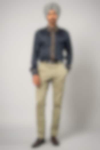 Dark Blue Linen Satin Printed Wedding Shirt by JJV.Kapurthala By JJ Valaya Men at Pernia's Pop Up Shop