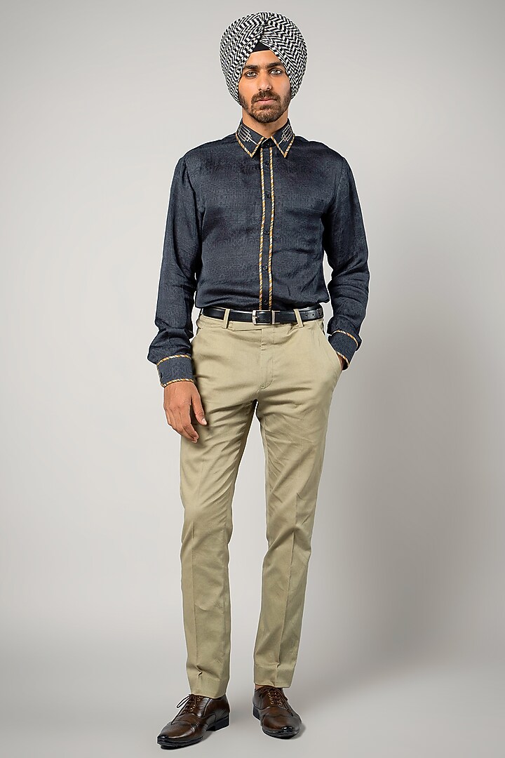 Dark Blue Linen Satin Printed Wedding Shirt by JJV.Kapurthala By JJ Valaya Men at Pernia's Pop Up Shop