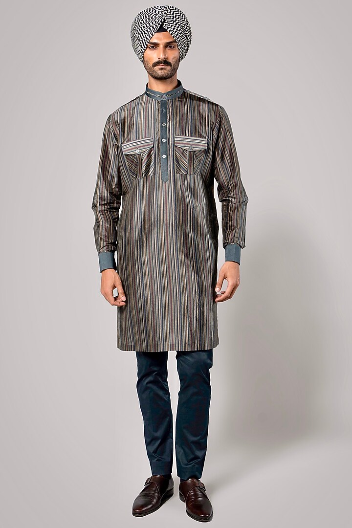Multi-Colored Tencel Luxe Stripe Printed Kurta by JJV.Kapurthala By JJ Valaya Men at Pernia's Pop Up Shop