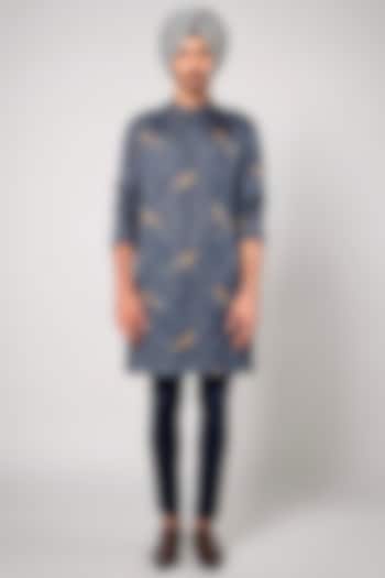 Medium Blue Linen Satin Printed Kurta by JJV.Kapurthala By JJ Valaya Men at Pernia's Pop Up Shop