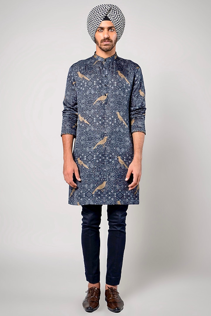 Medium Blue Linen Satin Printed Kurta by JJV.Kapurthala By JJ Valaya Men at Pernia's Pop Up Shop