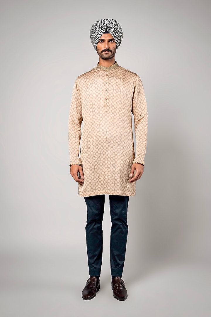 Beige Linen Satin Printed Kurta by JJV.Kapurthala By JJ Valaya Men at Pernia's Pop Up Shop