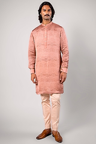 Medium Pink Linen Satin Printed Kurta by JJV.Kapurthala By JJ Valaya Men