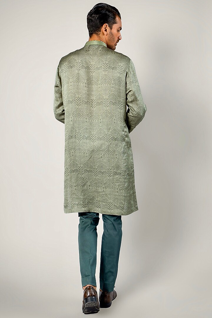 Medium Green Linen Satin Printed Kurta by JJV.Kapurthala By JJ Valaya Men at Pernia's Pop Up Shop