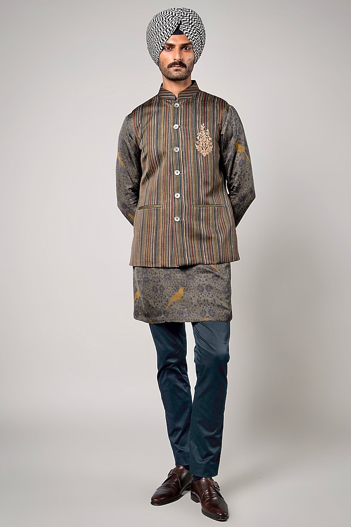 Multi-Coloured Linen Satin Printed Nehru Jacket by JJV.Kapurthala By JJ Valaya Men