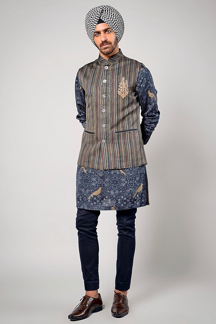Multi-Coloured Linen Satin Printed Nehru Jacket by JJV.Kapurthala By JJ Valaya Men