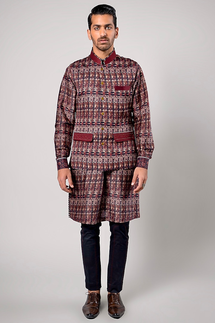 Burgundy Linen Satin Printed Nehru Jacket by JJV.Kapurthala By JJ Valaya Men