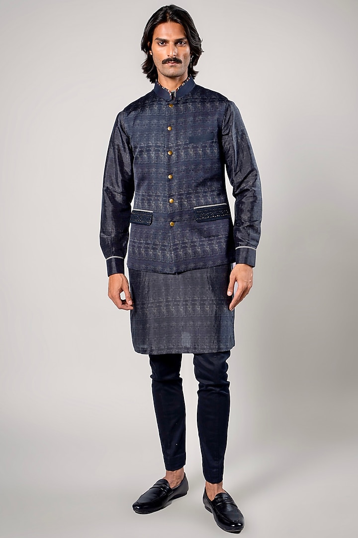 Dark Blue Linen Satin Printed Nehru Jacket by JJV.Kapurthala By JJ Valaya Men