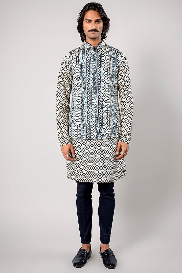 Ivory & Light Blue Linen Satin Printed Nehru Jacket by JJV.Kapurthala By JJ Valaya Men