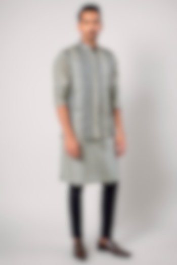 Ivory & Dark Blue Linen Satin Printed Nehru Jacket by JJV.Kapurthala By JJ Valaya Men at Pernia's Pop Up Shop