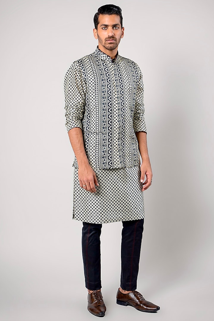 Ivory & Dark Blue Linen Satin Printed Nehru Jacket by JJV.Kapurthala By JJ Valaya Men