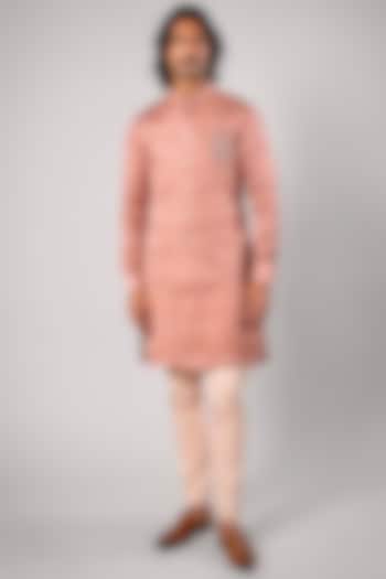 Medium Pink Linen Satin Printed Nehru Jacket by JJV.Kapurthala By JJ Valaya Men