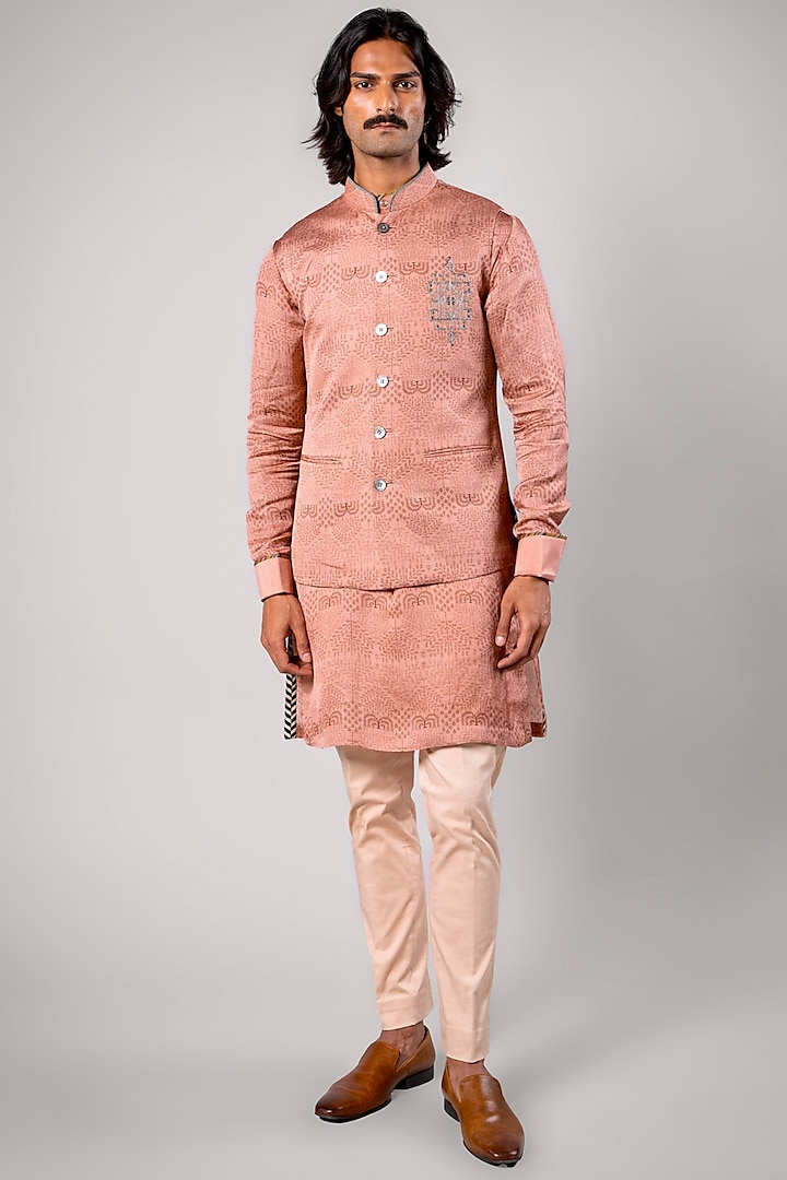 Medium Pink Linen Satin Printed Nehru Jacket by JJV.Kapurthala By JJ Valaya Men