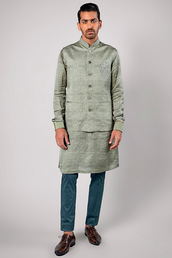 Medium Green Linen Satin Printed Nehru Jacket by JJV.Kapurthala By JJ Valaya Men