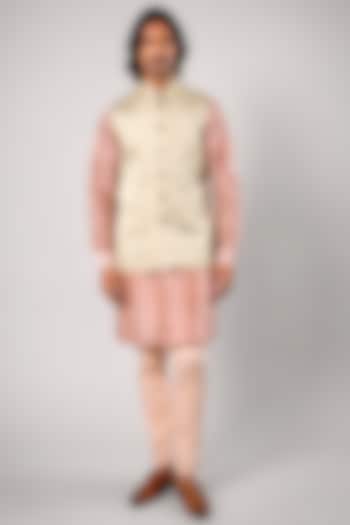 Beige Linen Satin Printed Nehru Jacket by JJV.Kapurthala By JJ Valaya Men