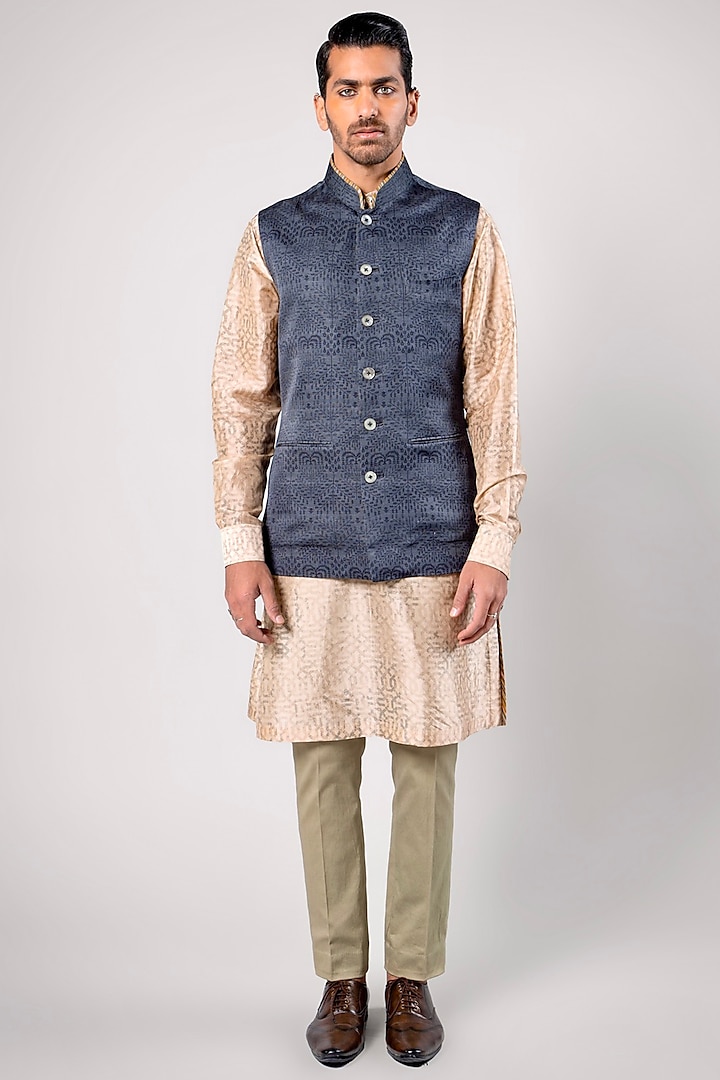 Dark Blue Linen Satin Printed Nehru Jacket by JJV.Kapurthala By JJ Valaya Men