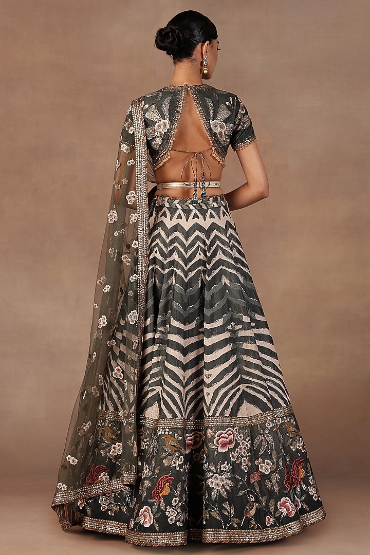 Green Silk Sequins Embroidered & Printed Bridal Lehenga Set by JJ Valaya at Pernia's Pop Up Shop