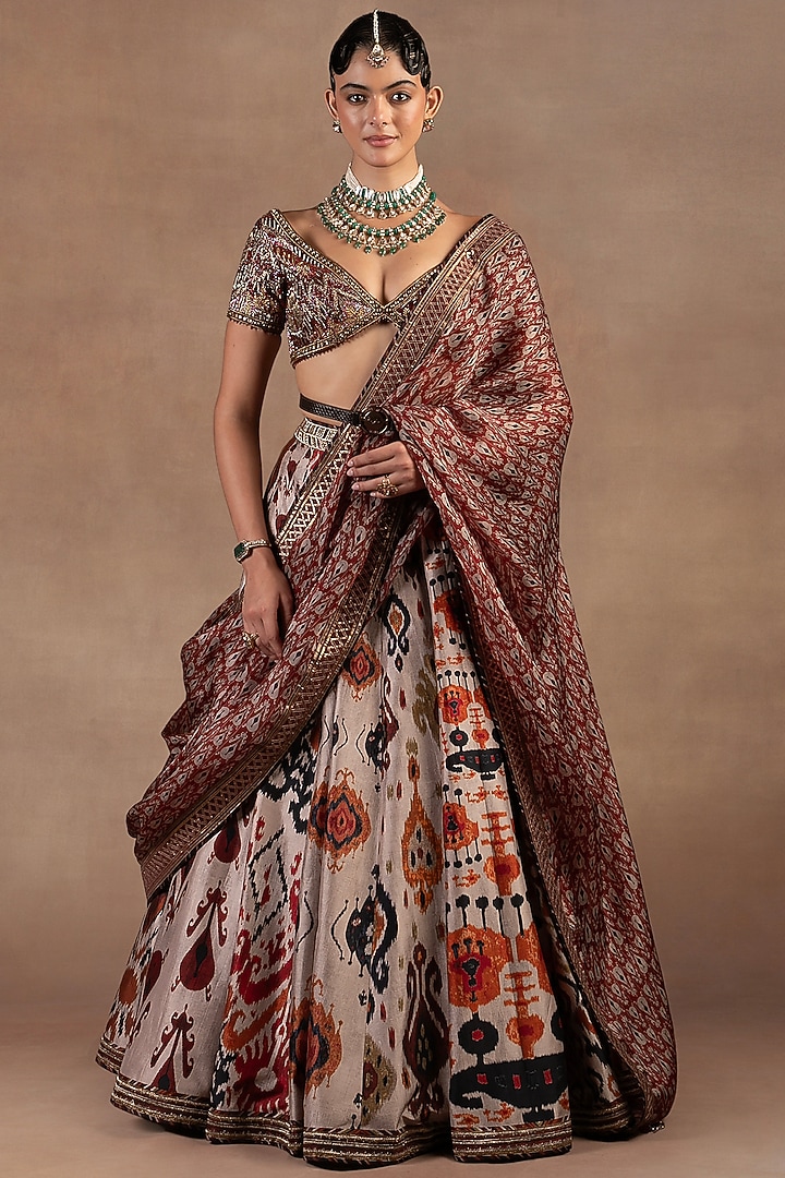 Taupe Silk Ikat Printed & Embroidered Bridal Lehenga Set by JJ Valaya at Pernia's Pop Up Shop