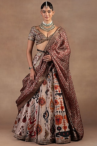 Taupe Silk Ikat Printed & Embroidered Lehenga Set by JJ Valaya