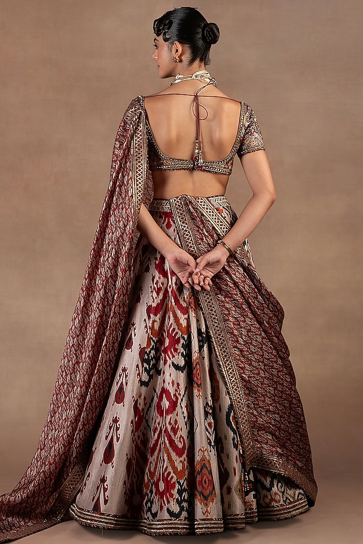 Taupe Silk Ikat Printed & Embroidered Bridal Lehenga Set by JJ Valaya at Pernia's Pop Up Shop