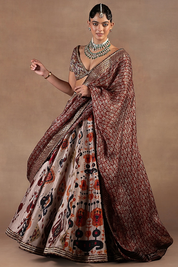 Taupe Silk Ikat Printed & Embroidered Bridal Lehenga Set by JJ Valaya at Pernia's Pop Up Shop