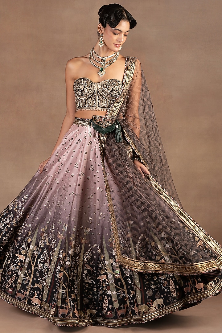 Mauve-Pink & Black Ombre Silk Printed Bridal Lehenga Set by JJ Valaya at Pernia's Pop Up Shop