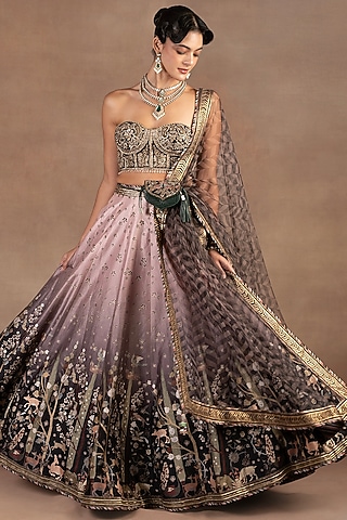 Mauve-Pink & Black Ombre Silk Printed Lehenga Set by JJ Valaya