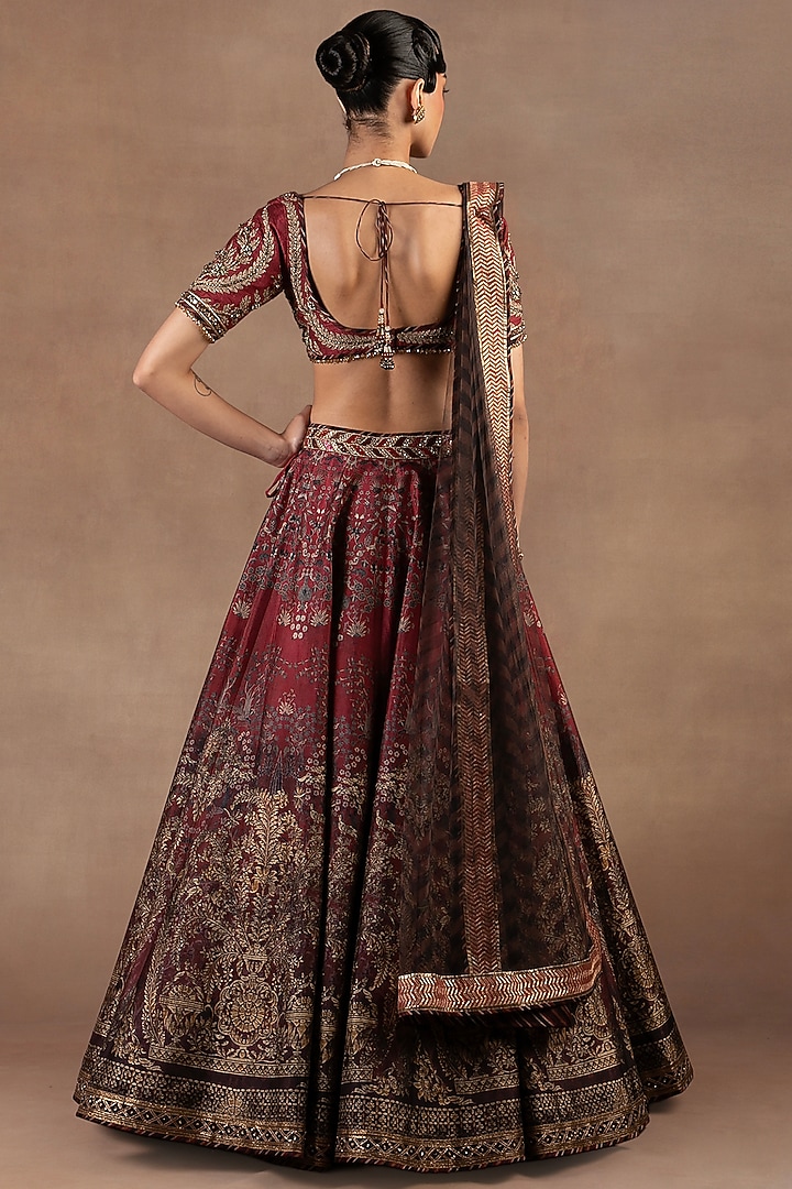 Red & Burgundy Ombre Silk Printed Bridal Lehenga Set by JJ Valaya at Pernia's Pop Up Shop