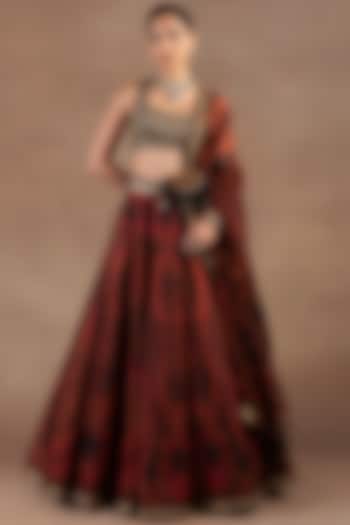 Red Silk Embroidered & Jamwar Printed Bridal Lehenga Set by JJ Valaya at Pernia's Pop Up Shop