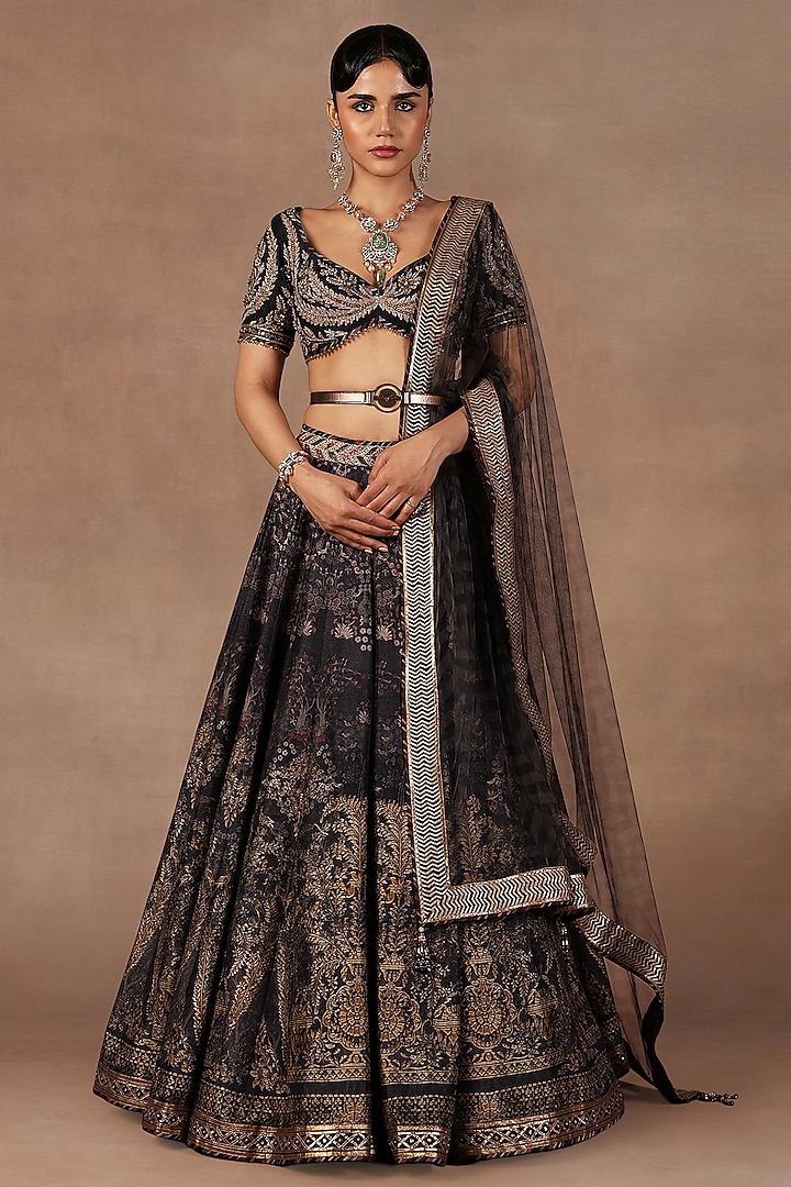 Charcoal Black Silk Sequins Embroidered Bridal Lehenga Set by JJ Valaya at Pernia's Pop Up Shop