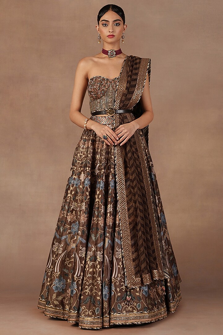 Mocha Brown Silk Resham Embroidered Bridal Lehenga Set by JJ Valaya at Pernia's Pop Up Shop