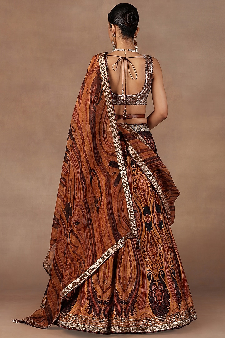 Ochre Mustard Silk Jamawar Printed Bridal Lehenga Set by JJ Valaya at Pernia's Pop Up Shop