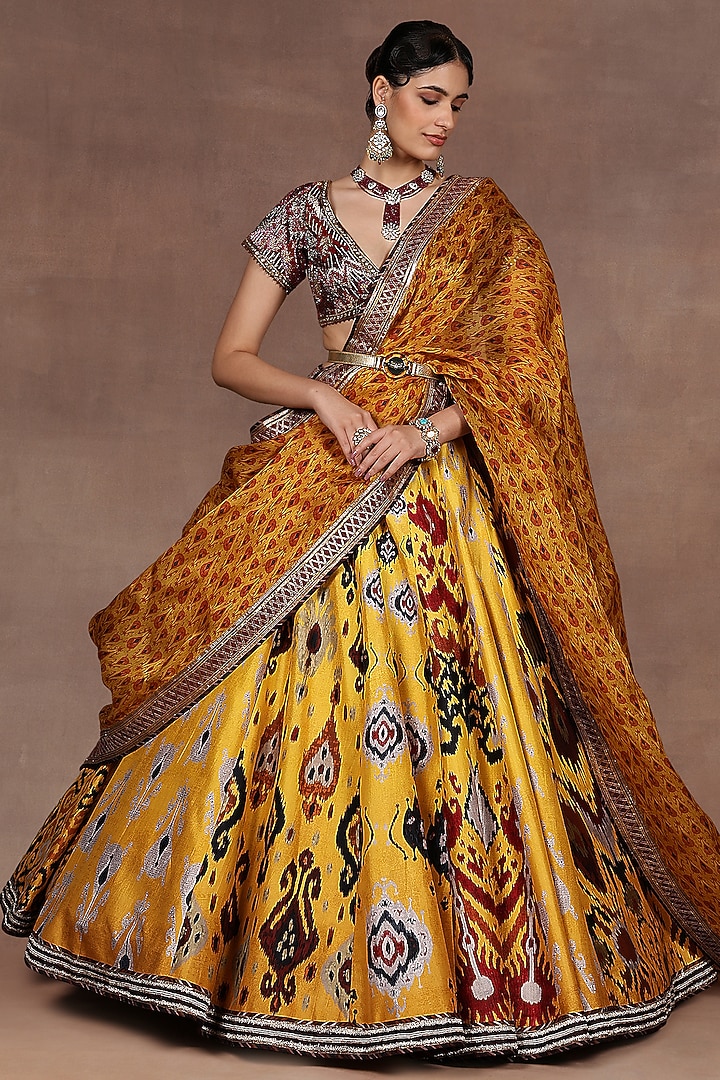 Canary Yellow Silk Ikat Printed Bridal Lehenga Set by JJ Valaya at Pernia's Pop Up Shop