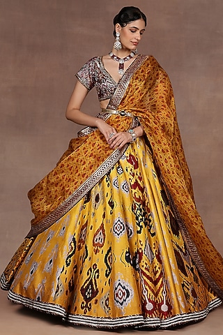 Canary Yellow Silk Ikat Printed Lehenga Set by JJ Valaya