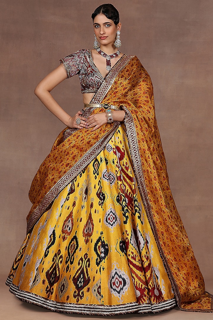 Canary Yellow Silk Ikat Printed Bridal Lehenga Set by JJ Valaya at Pernia's Pop Up Shop